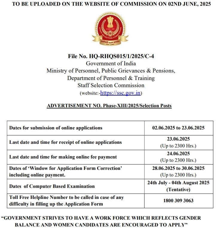 SSC Selection Post Phase XIII Admit Card