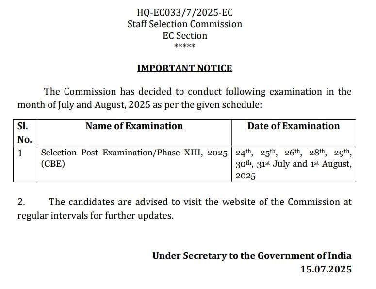 SSC Selection Post Phase 13 Exam Date 2025