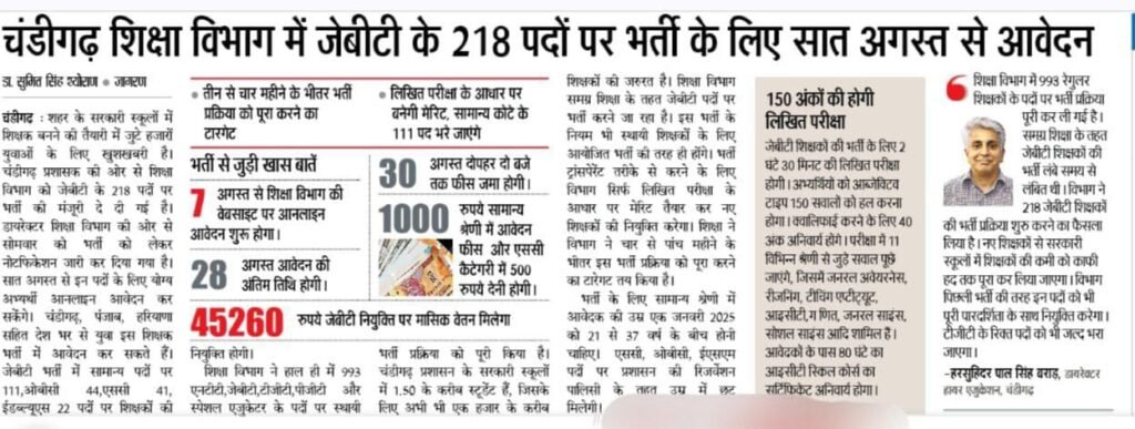 chandigarh jbt teacher recruitment 2025